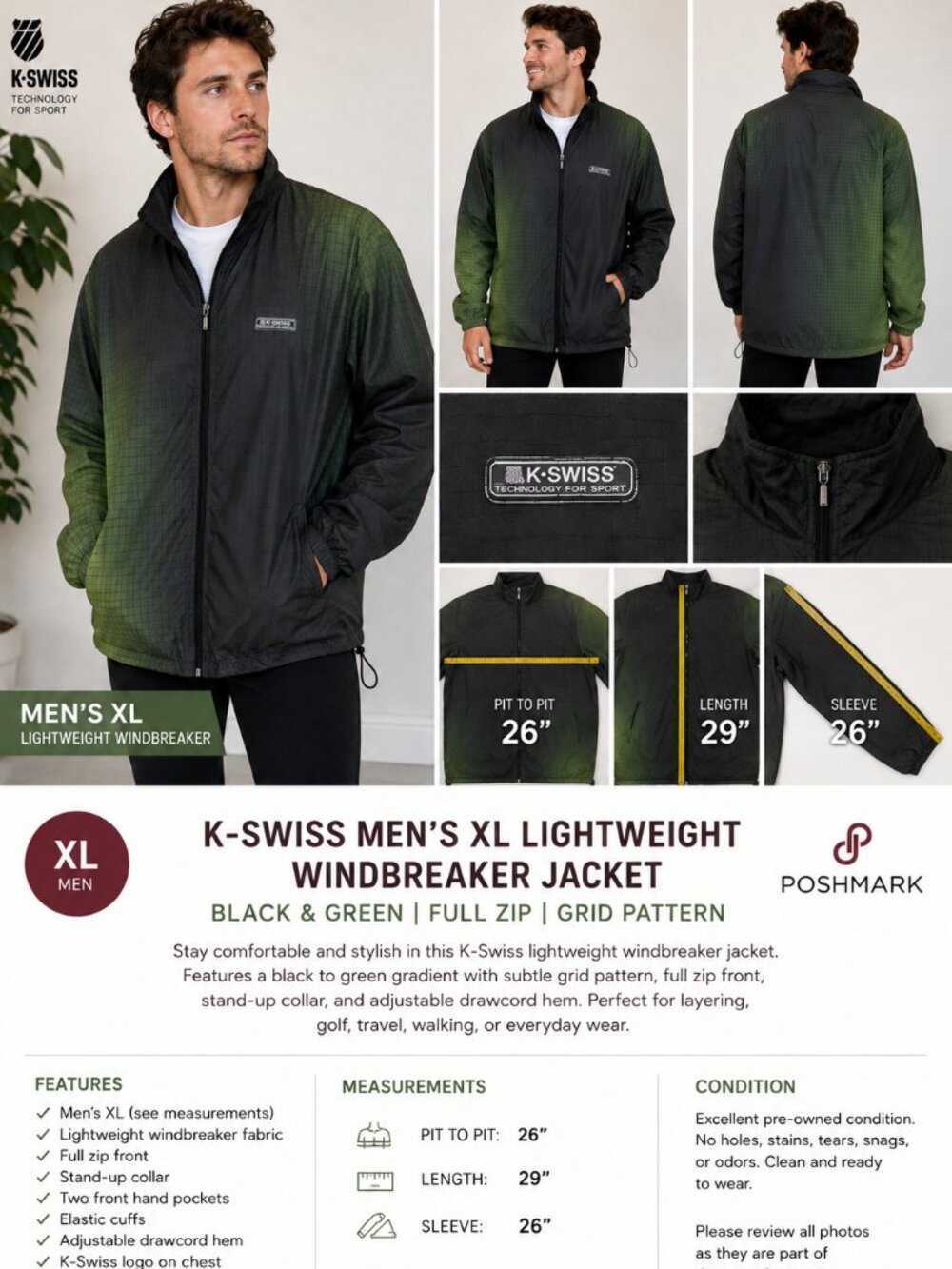 K-Swiss Men's XL Lightweight Windbreaker Jacket Olive Green Colorway Full Zip
